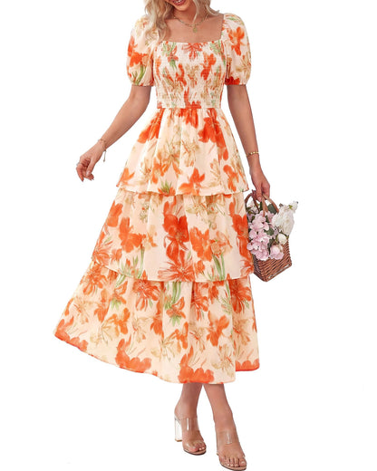 ⏰Soldes d'été : 70 % de réduction💃Robe à volants smockée à manches courtes et col carré, imprimé floral, pour femme