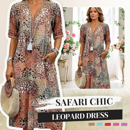 🔥Robe Midi Léopard Femme à Col en V 🐆 Style Safari Décontracté avec Poches pour le Quotidien & les Loisirs