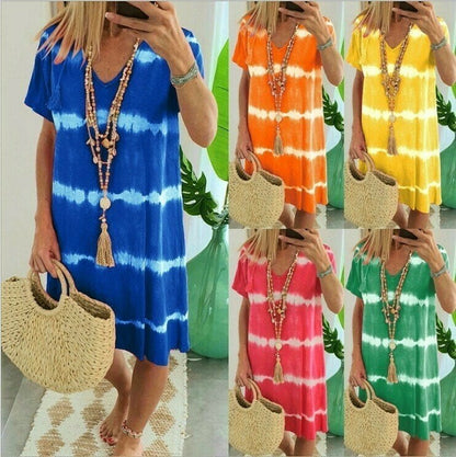 Robe-t-shirt ample à manches courtes, rayée et teinte au nœu