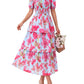 ⏰Soldes d'été : 70 % de réduction💃Robe à volants smockée à manches courtes et col carré, imprimé floral, pour femme