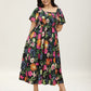 ⏰Soldes d'été : 70 % de réduction💃Robe midi à fleurs, col carré et smocks, avec poches