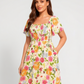 ⏰Soldes d'été : 70 % de réduction💃Robe midi à fleurs, col carré et smocks, avec poches