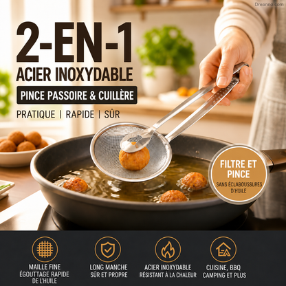 🍳 50 % de réduction ! Pince de cuisine 2 en 1 : cuillère et passoire tout-en-un. En acier inoxydable, idéale pour frire, égoutter et servir. 💪