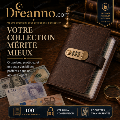 🎁Album de collection de billets avec pochettes transparentes, cuir PU haut de gamme, fermeture à code, matériau résistant, protection sécurisée