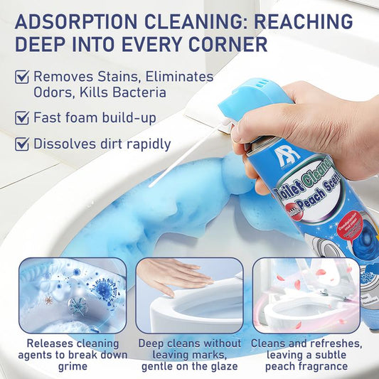 Nettoyant moussant pour toilettes : il se répand pour nettoyer les recoins difficiles d'accès, élimine les taches et les odeurs et laisse un léger parfum de pêche.