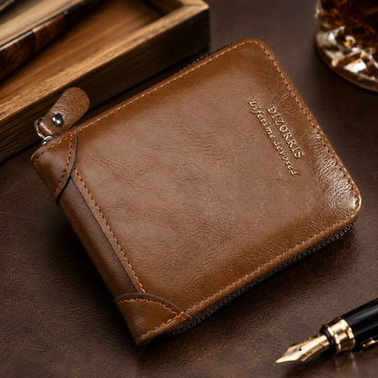Portefeuille vintage pour homme, court, à fermeture éclair sur tout le pourtour et à trois volet