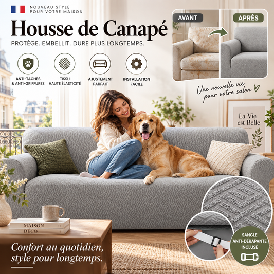 🛋️🛡️ Housse de canapé jacquard ultra-extensible – Sangles antidérapantes, tissu épais et élégant, protégez et relookez votre canapé sans qu’il ne bouge d’un pli 🏠✨