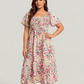 ⏰Soldes d'été : 70 % de réduction💃Robe midi à fleurs, col carré et smocks, avec poches