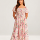 ⏰Soldes d'été : 70 % de réduction💃Robe midi à fleurs, col carré et smocks, avec poches