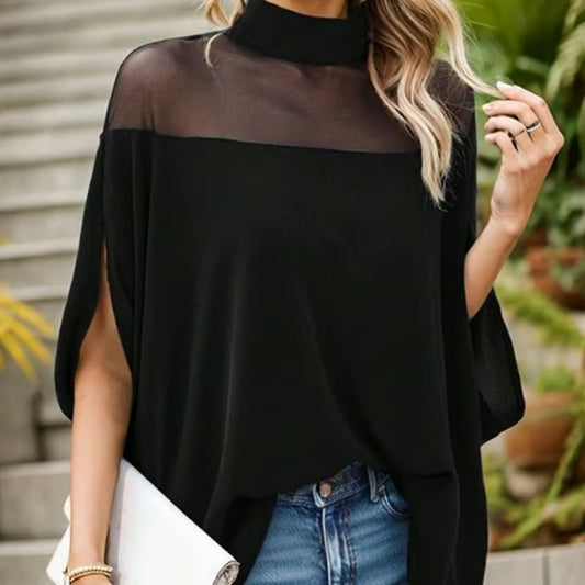 💥 PROMO LIMITÉE 51% DE RÉDUCTION ! 🦇 Chemisier Chauve-Souris à Col Haut pour Femme – Coupe Ample, Détail Transparent ✨