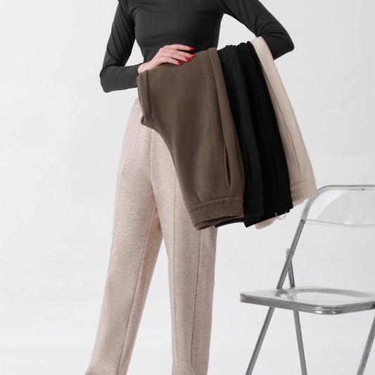 Pantalon d'hiver pour femme à taille haute, élastique et coupe droite