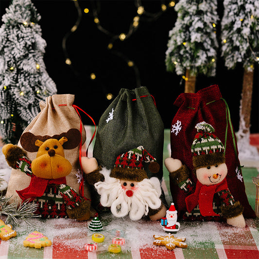 Sacs-cadeaux de Noël en lin 3D à cordon de serrage