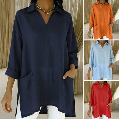 🛍️ Chic Pratique Quotidien - Haut Tunique Femme à Poches et Revers - Style Décontracté & Élégant 【Indispensable Polyvalent】