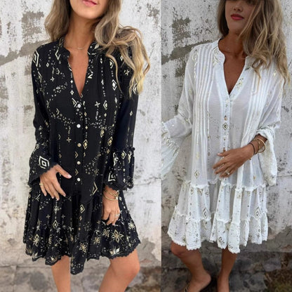 Robe Midi Confortable à Col en V et Motif Géométrique pour Femme
