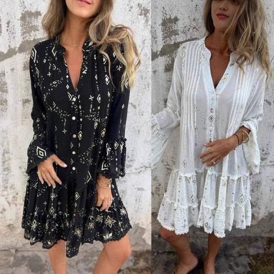 Robe Midi Confortable à Col en V et Motif Géométrique pour Femme