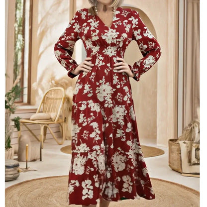 Robe longue à volants imprimée florale, col en V, taille cintrée et manches longue
