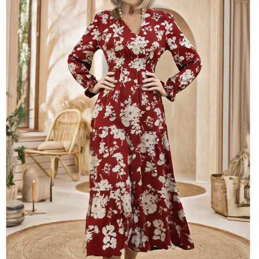 Robe longue à volants imprimée florale, col en V, taille cintrée et manches longue