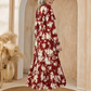 Robe longue à volants imprimée florale, col en V, taille cintrée et manches longue