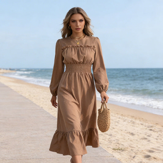 Robe longue à manches longues pour femme – Haut froncé et volants, élégante pour le quotidien et les occasions spéciale