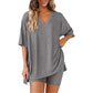 🛋️ 50% DE RÉDUCTION POUR UN TEMPS LIMITÉ ! 👕 Ensemble décontracté pour femme – Haut à col en V et short – Coupe ample, fluide, deux pièces 🍂