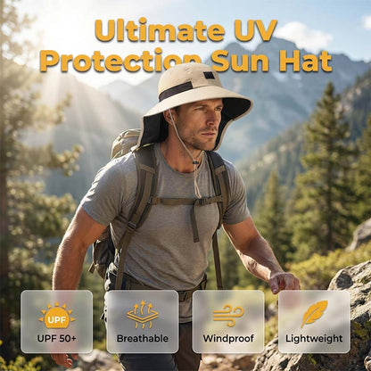 Chapeau de soleil à large bord et rabat de protection pour la nuque, indice UPF 50