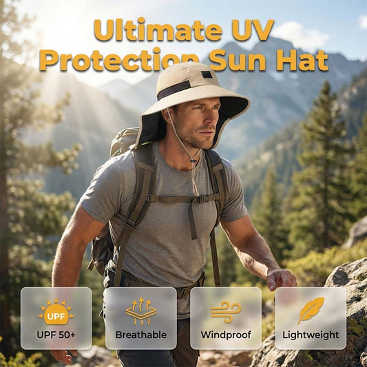 Chapeau de soleil à large bord et rabat de protection pour la nuque, indice UPF 50