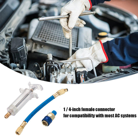 🔧❄️ PROMO -50% ! Injecteur Colorant & Huile Climatisation Auto – Laiton Premium Haute Résistance, Tuyau 2500 PSI, Raccord Rapide R134a, Corps Transparent Gradué · 230g ✨