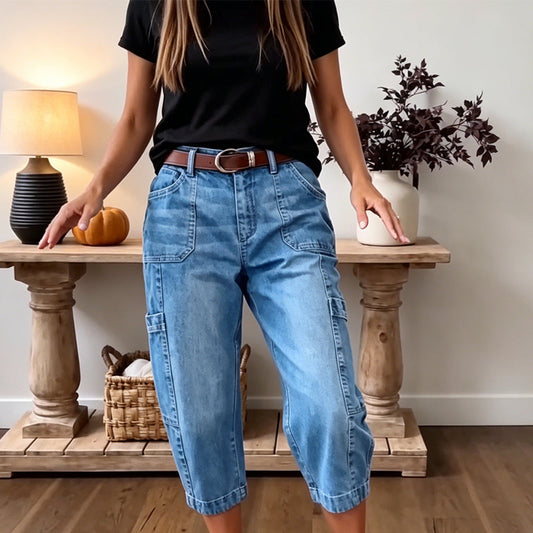 📢👖 PROMO FLASH 50% ! Pantalon Jean Court Extensible Femme – Coupe Barrel Décontractée, Taille Mi-Haute, Poches Multiples, 2 Coloris, Tailles S-3XL, Idéal Quotidien ✨