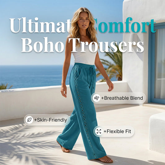 👖🌸 Pantalon bohème léger avec détails en dentelle et taille élastiquée