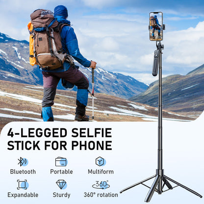 🔥Perche selfie 4 pieds ultra stable｜Hauteur réglable jusqu’à 180 cm pour des prises de vue sans tremblement