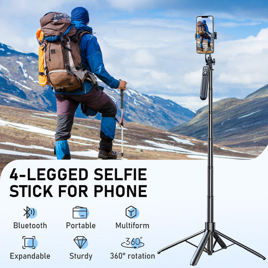 🔥Perche selfie 4 pieds ultra stable｜Hauteur réglable jusqu’à 180 cm pour des prises de vue sans tremblement