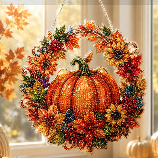 🍂 Couronne d'automne en potiron avec motif en losanges à suspendre – Kit de bricolage complet