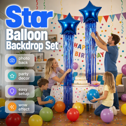 🎉 -50% ! Lot ballons alu étoile + pompons + kit fond photo avec guirlande – installation facile – pour anniversaires et fêtes à thèm